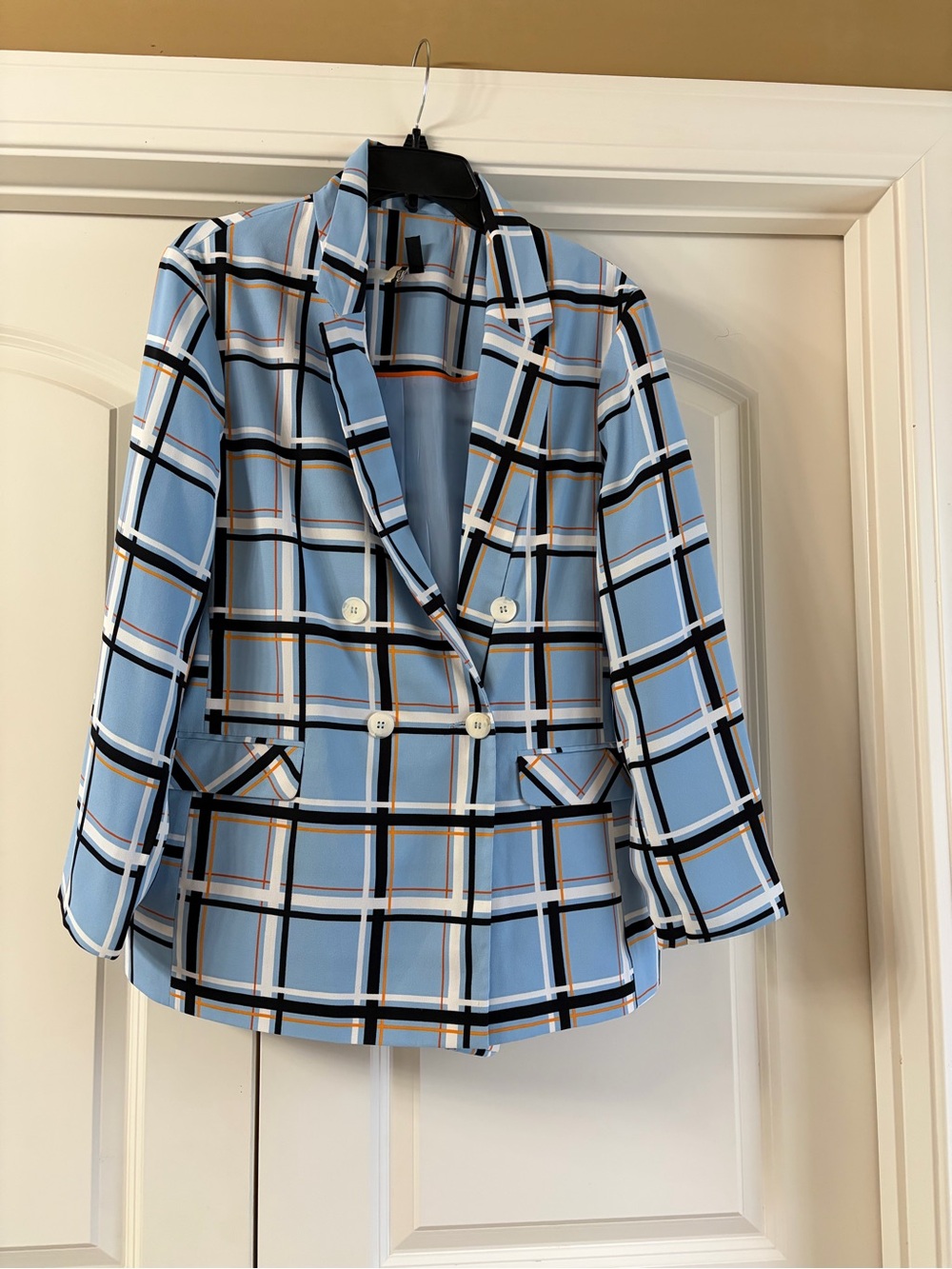 Topshop Light Blue Plaid Double-Breasted Blazer
